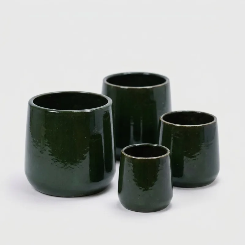 Deep Green Handmade Ceramic Planter Set of 4 - Breathable Clay for Succulents - Main Image