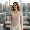 Women's 100% Pure Cashmere Floral Crochet Cardigan with Elegant U-Neck 3