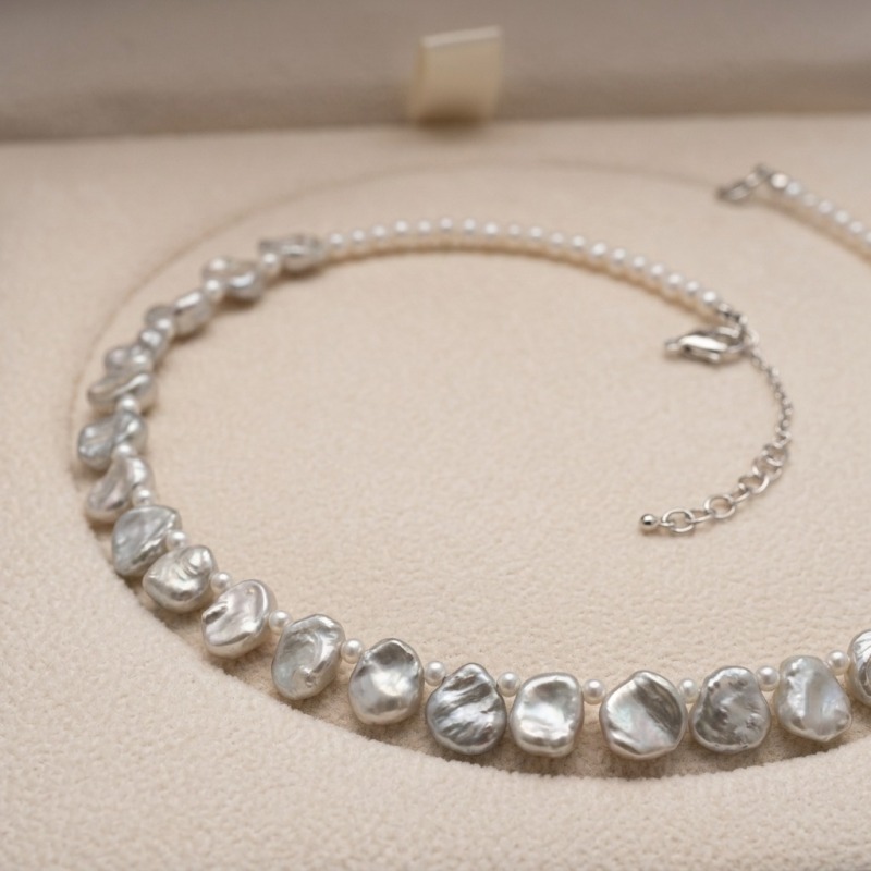 Silver Baroque Seed Pearl Necklace, 8.65mm-4.10mm, 18in+2.5in - Image 9