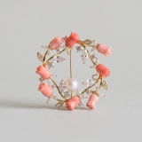Elegant Rose Petal & Pearl Wreath Brooch, 14K Gold Plated Rhinestone Pin thumbnail 1