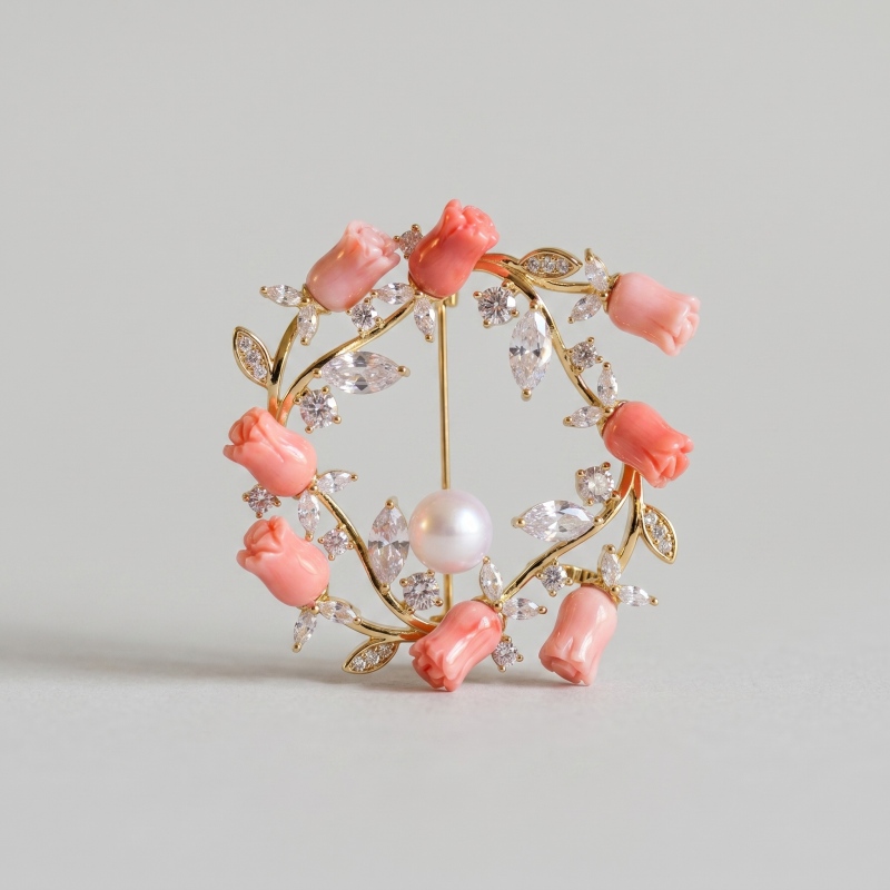 Elegant Rose Petal & Pearl Wreath Brooch, 14K Gold Plated Rhinestone Pin - Image 1