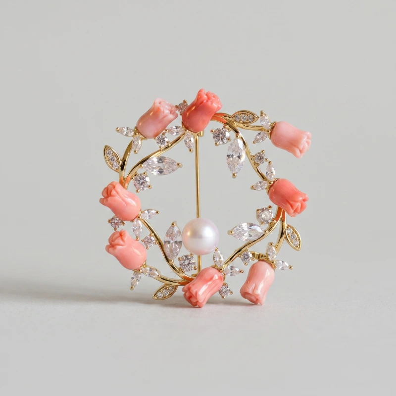 Elegant Rose Petal & Pearl Wreath Brooch, 14K Gold Plated Rhinestone Pin - Main Image