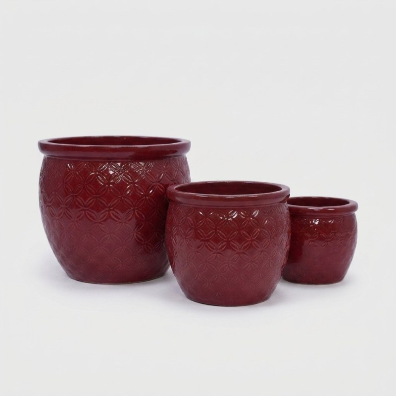 3-Piece Crimson Embossed Floral Ceramic Planter Set - 15/12/9 Inch Orchid Pots - Image 1