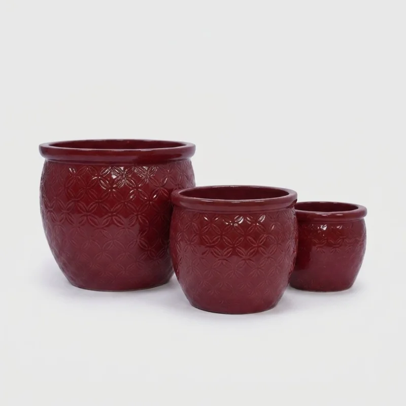 3-Piece Crimson Embossed Floral Ceramic Planter Set - 15/12/9 Inch Orchid Pots - Main Image