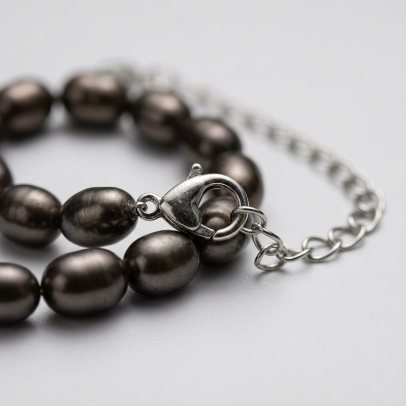 Premium Dark Peacock Freshwater Pearl Necklace18", 9-9.5mm Oval Pearls, Silver-Plated - Image 5