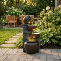 Rustic 4-Tier Cascading Jar Outdoor Water Fountain with LED Lights, 25.6" - Brown