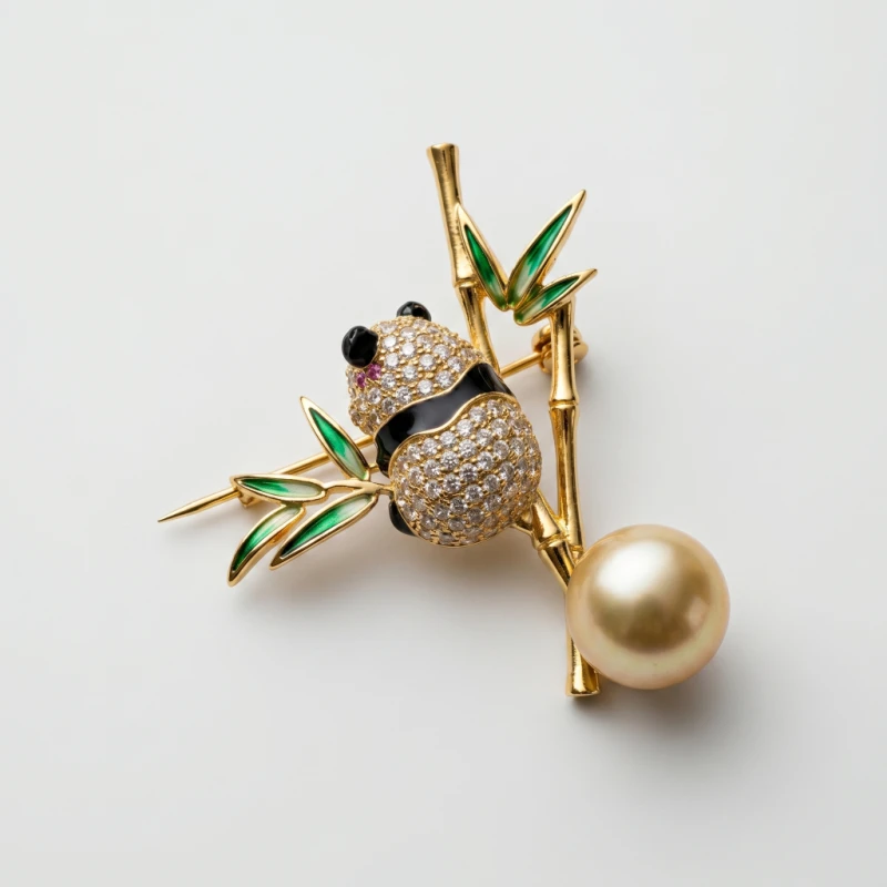 Panda and Bamboo Golden Pearl Brooch, 10.7mm - Main Image
