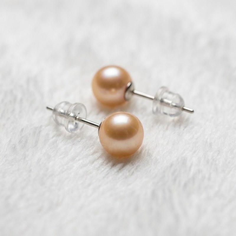 Golden Pink Pearl Stud Earrings 7.3mm S925 Sterling Silver Post Simple & Elegant - Image 6