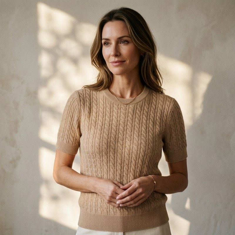 Women's 100% Pure Cashmere Short Sleeve Cable Knit Crew Neck Sweater - Image 2