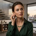 Green Agate and White Pearl Necklace, 8.5mm, 17in, 18K Gold Plated 7