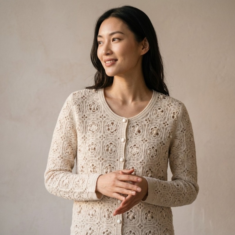 Women's 100% Pure Cashmere Floral Crochet Cardigan with Elegant U-Neck - Image 2