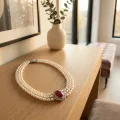 Triple Strand Pearl Necklace with Teardrop Faux Ruby Pendant, 18" 3