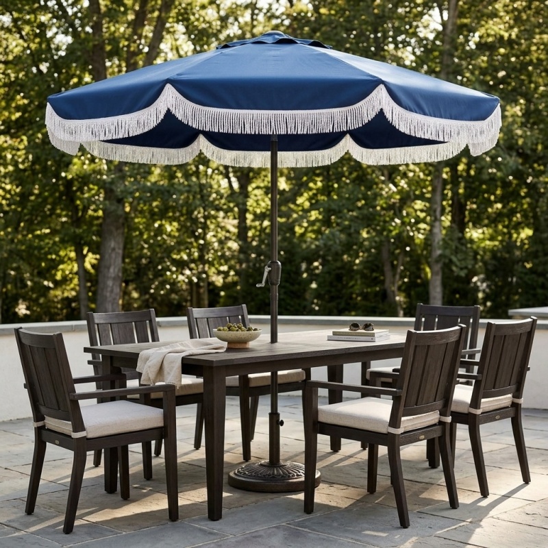 8.8FT Outdoor Patio Umbrella with Tassels, Crank & Tilt - Army Blue - Main Image