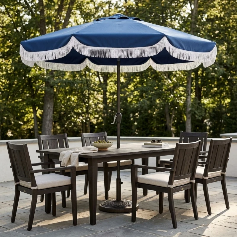 8.8FT Outdoor Patio Umbrella with Tassels, Crank & Tilt - Army Blue - Main Image