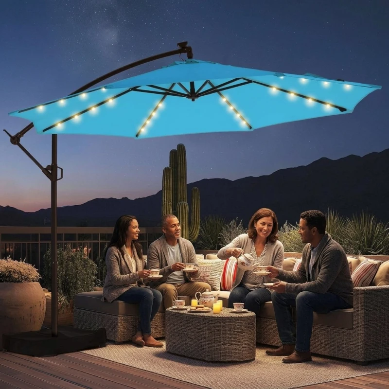 9.7ft Solar LED Cantilever Patio Umbrella with Base & Cover, Light Blue - Main Image