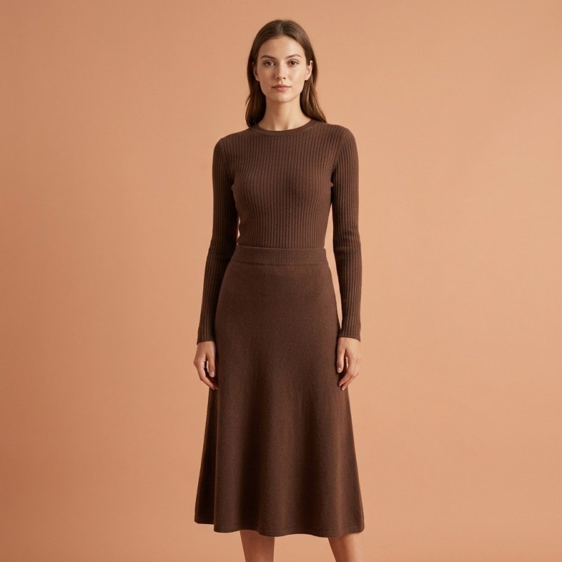 Premium Women's Cashmere A-Line Maxi Skirt - Elegant Coffee Brown, Size L - Image 8