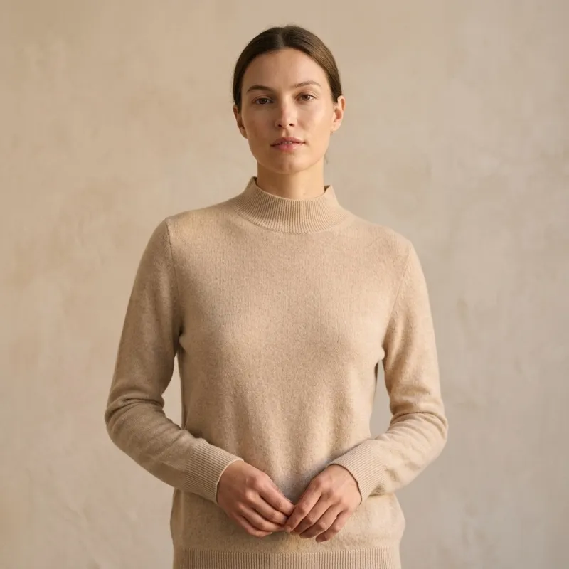 Women's 100% Cashmere Mock Neck Sweater - Light Coffee, Classic Fit - Main Image