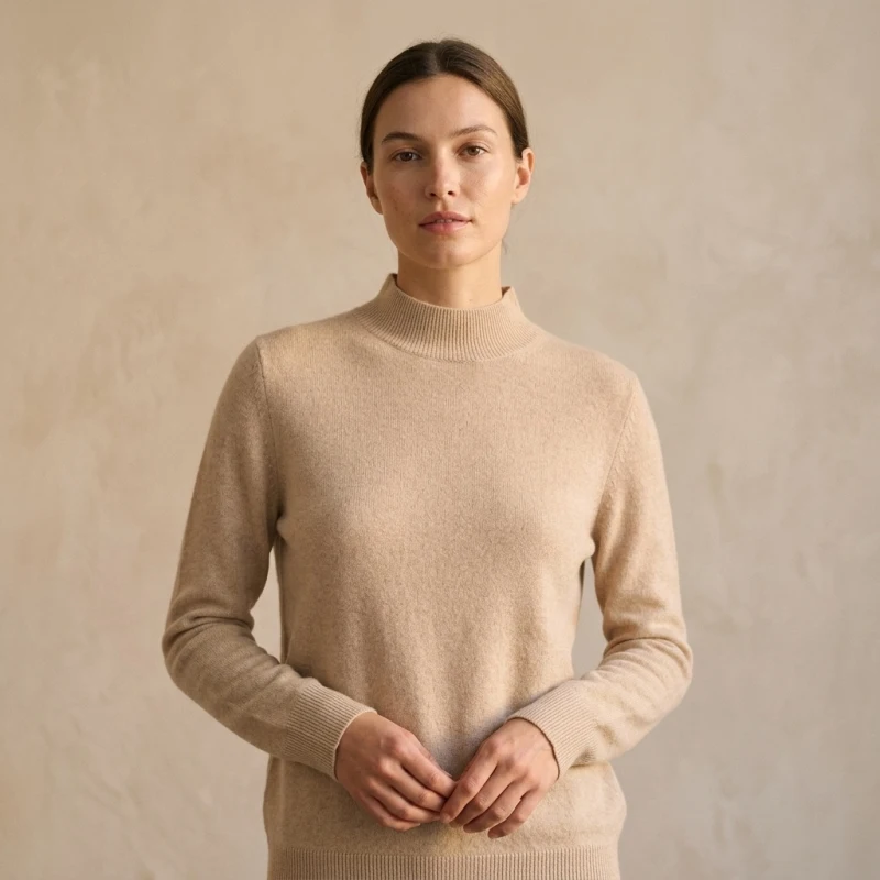 Women's 100% Cashmere Mock Neck Sweater - Light Coffee, Classic Fit - Main Image