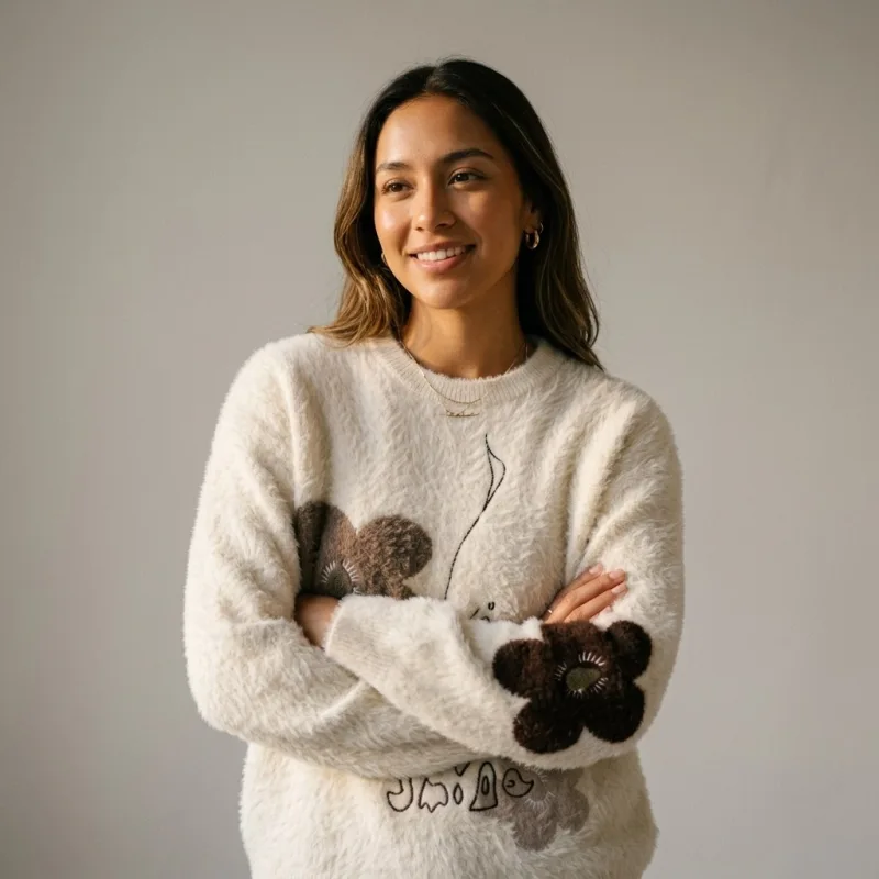 100% Pure Cashmere Long-pile Brushed Women's Crew Neck Sweater - Main Image