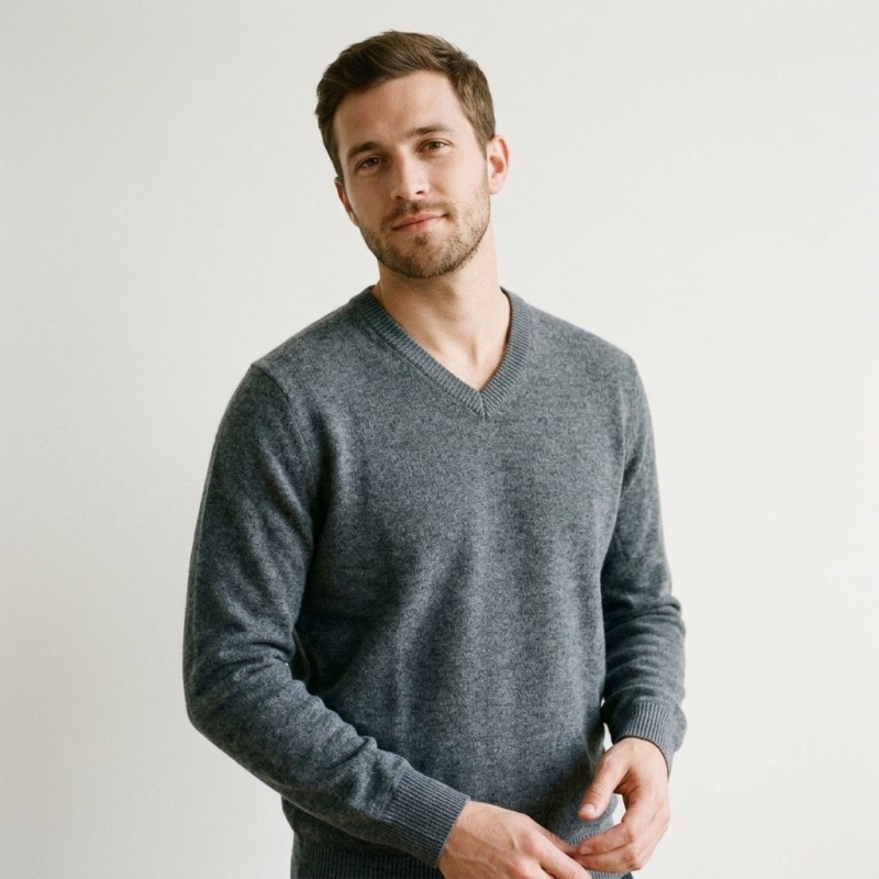 Men's 100% Pure Cashmere V-Neck Sweater - Premium Charcoal Grey Pullover - Main Image