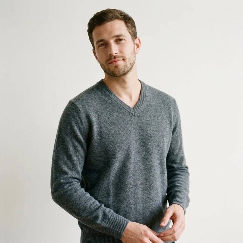 Men's 100% Pure Cashmere V-Neck Sweater - Premium Charcoal Grey Pullover - Main Image