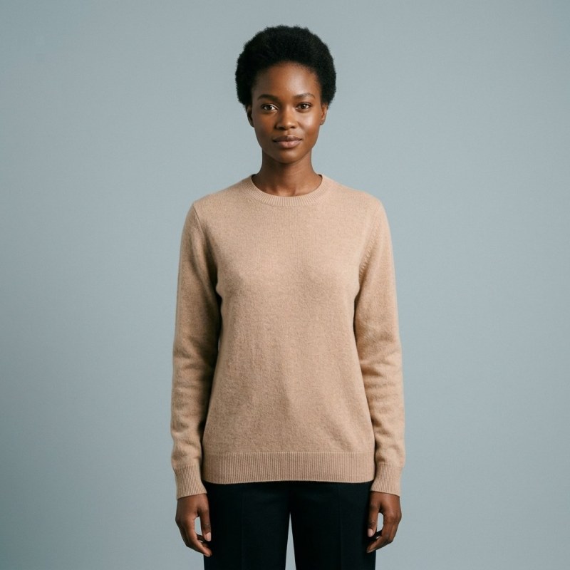 Women's 100% Pure Cashmere Low Neck Sweater - Elegant Light Camel, Classic, Basic - Image 1