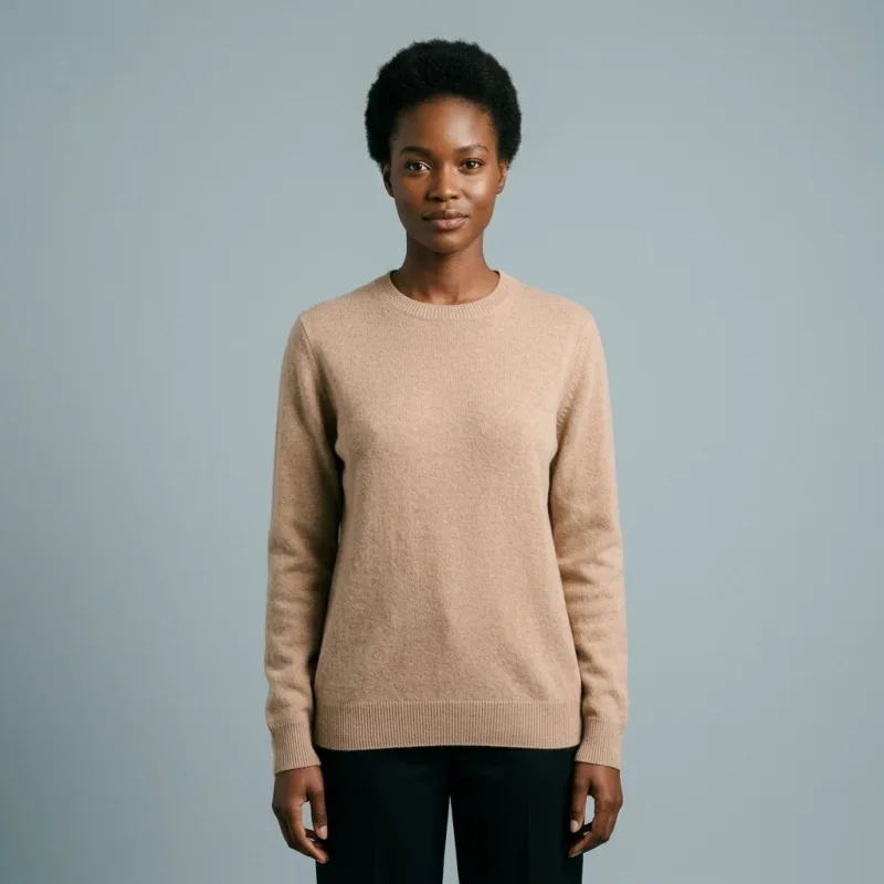 Women's 100% Pure Cashmere Low Neck Sweater - Elegant Light Camel, Classic, Basic - Main Image
