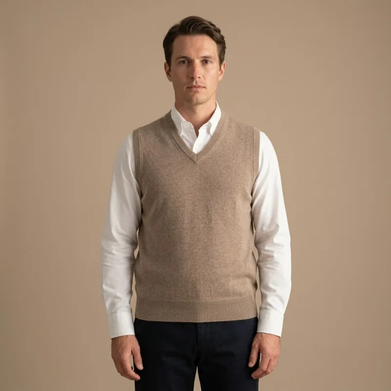 Men's 100% Pure Cashmere Premium V-Neck Vest - Light Coffee, Classic Slim Fit - Main Image