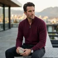 Men's 100% Pure Cashmere Half-Zip Sweater in Wine Red 4