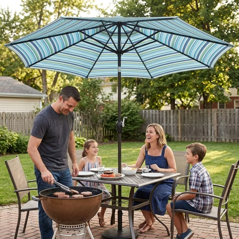9ft Blue Striped Outdoor Umbrella with Crank Handle and Push-Button Tilt - Main Image