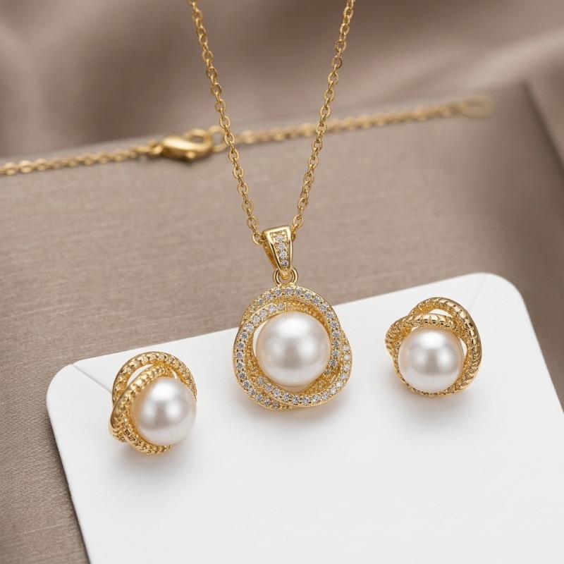 14K Gold Plated Petal Pearl & Rhinestone 3-Piece Jewelry Set - Image 8