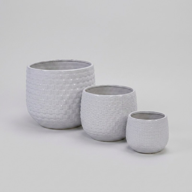 Handmade White Textured Ceramic Planter Set of 3, Indoor & Outdoor Pots - Image 1