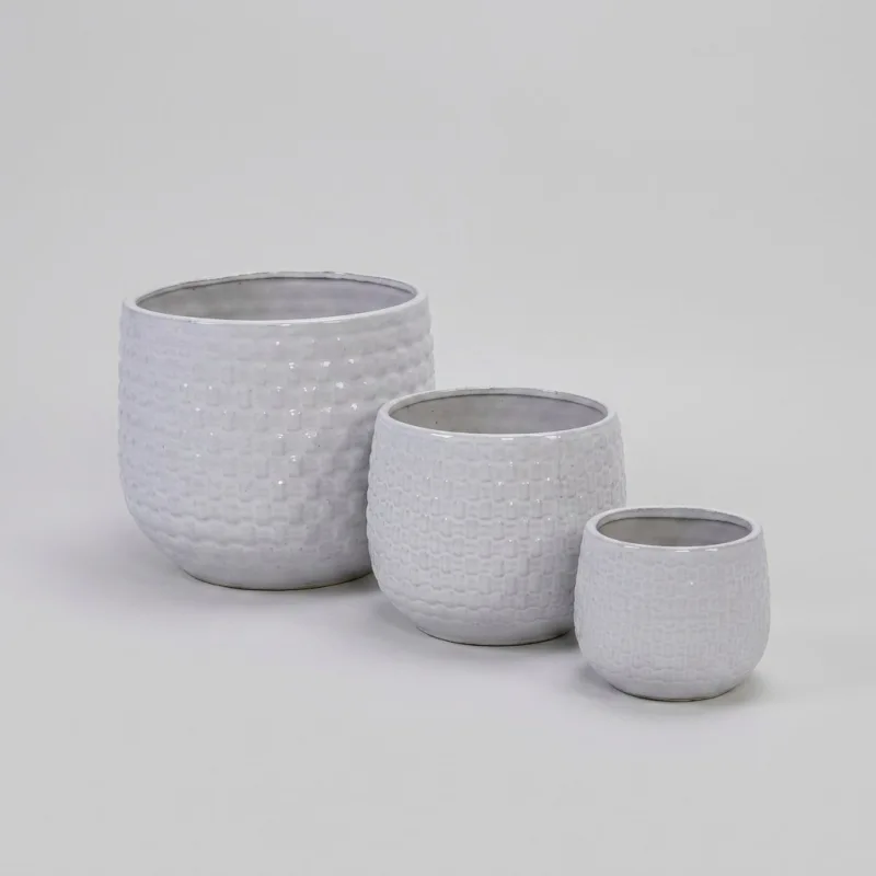 Handmade White Textured Ceramic Planter Set of 3, Indoor & Outdoor Pots - Main Image