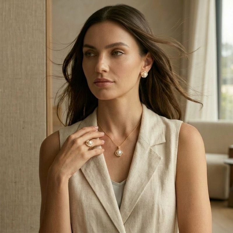 14K Gold Plated Pearl Jewelry Set - Waveform Scalloped Necklace, Ring & Earrings - Image 2