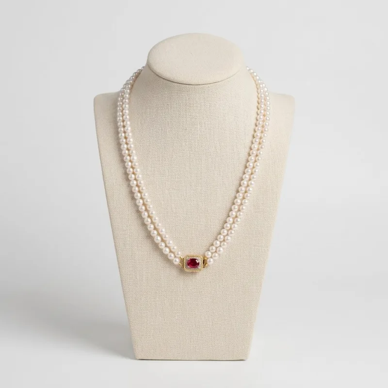 Elegant Double Strand AAA Pearl Necklace with Ruby Simulant Clasp, 18" - Main Image