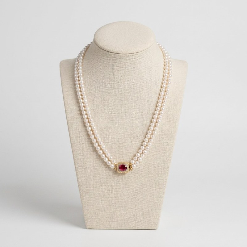 Elegant Double Strand AAA Pearl Necklace with Ruby Simulant Clasp, 18" - Image 1