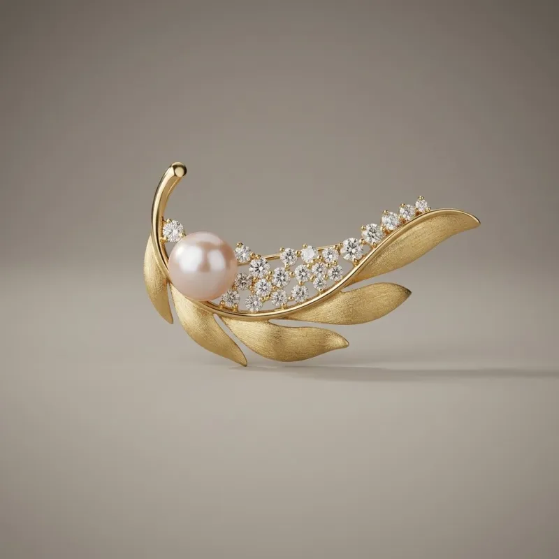 Golden Leaf with Rhinestone Pearl Brooch 10.5mm - Main Image