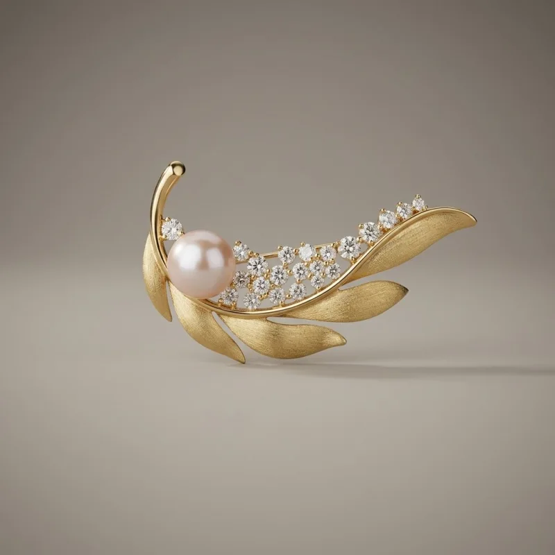 Golden Leaf with Rhinestone Pearl Brooch 10.5mm - Main Image