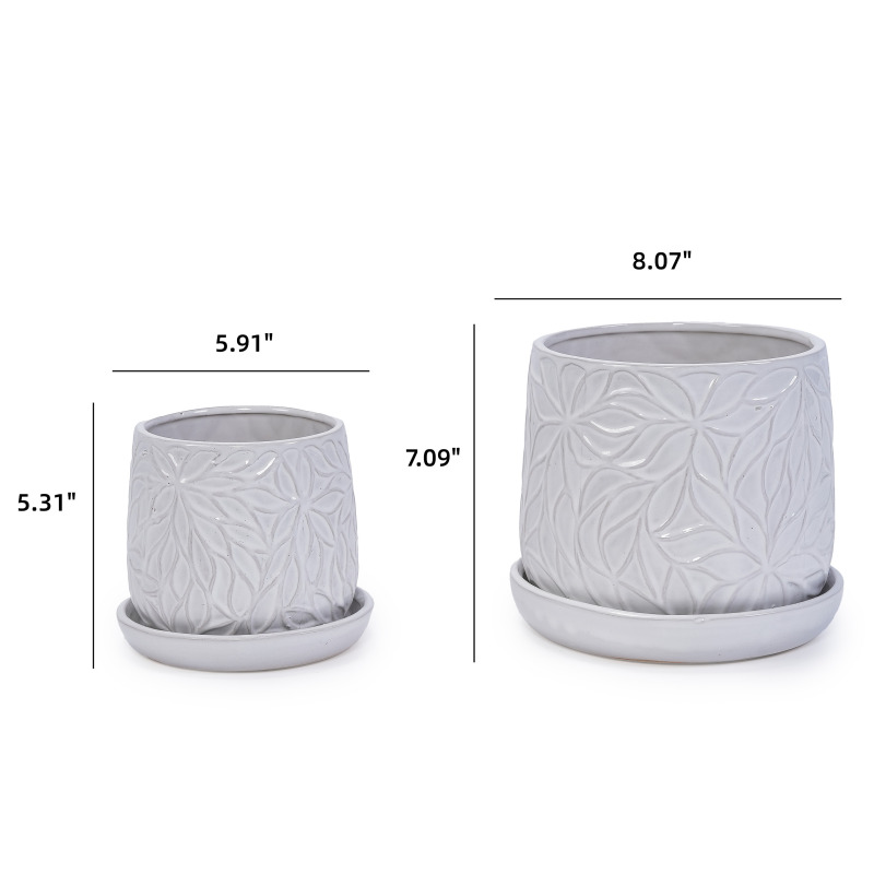 Handmade White Glossy Ceramic Planter Set of 2, 6" & 8", Leaf Design - Image 5