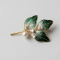 Green Leaf Rhinestone Pearl Brooch, 8.35mm 1