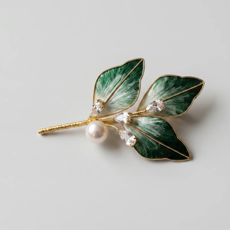 Green Leaf Rhinestone Pearl Brooch, 8.35mm - Main Image