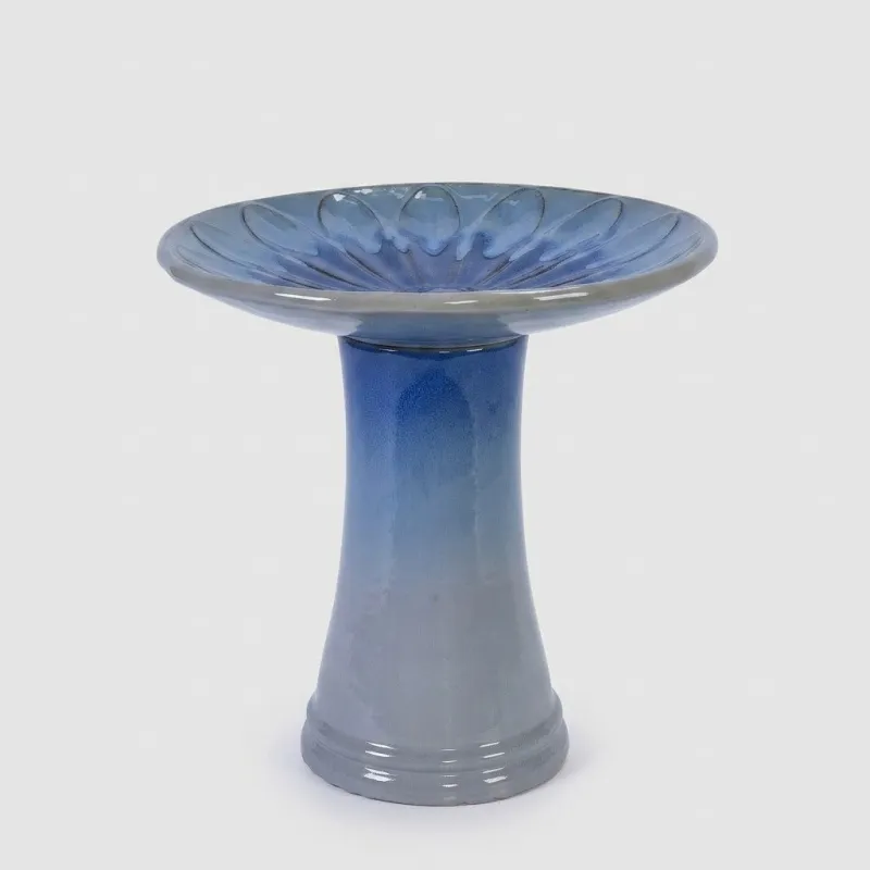 17'' Elegant Ceramic Bird Bath - Blue Ombre Floral Pedestal for Garden - Main Image