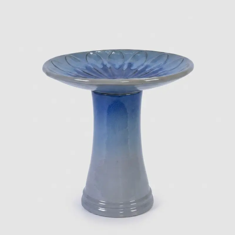 17'' Elegant Ceramic Bird Bath - Blue Ombre Floral Pedestal for Garden - Main Image