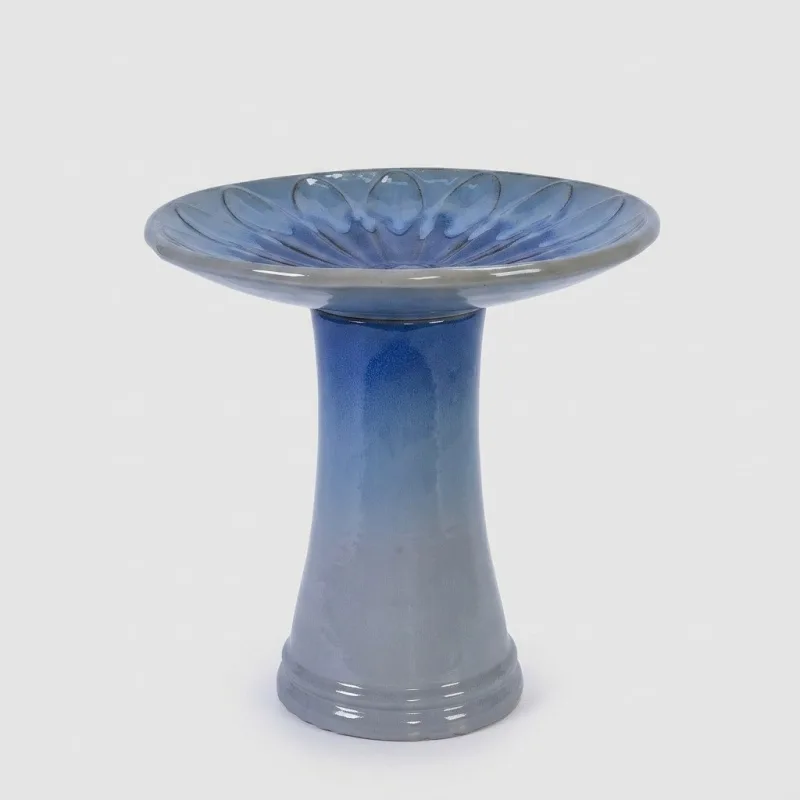 17'' Elegant Ceramic Bird Bath - Blue Ombre Floral Pedestal for Garden - Main Image