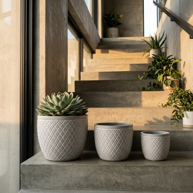 Set of 3 Handmade Ceramic Planters - White Diamond Pattern, 15/12/9 Inch - Image 2