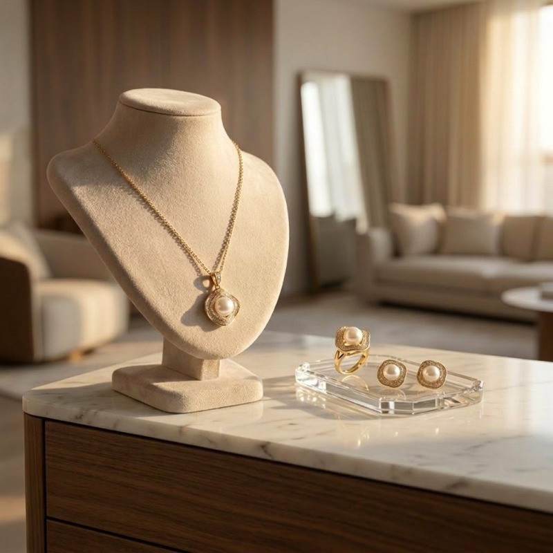 14K Gold Plated Pearl Jewelry Set - Waveform Scalloped Necklace, Ring & Earrings - Image 7