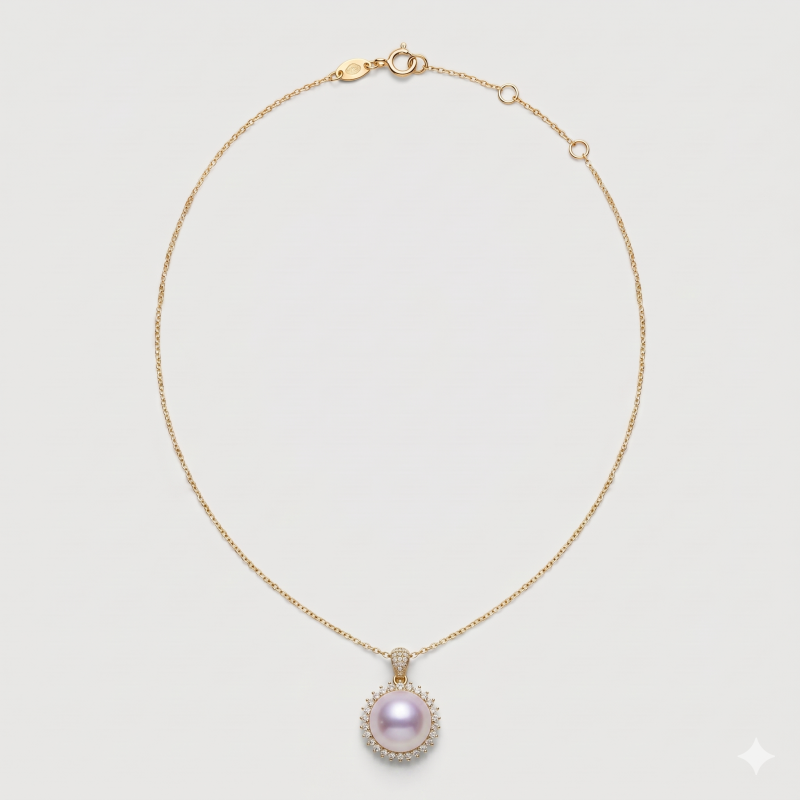 Purple Pearl Double Halo Rhinestone Pendant Necklace, 11.28mm, 19in, 14K Gold Plated - Main Image