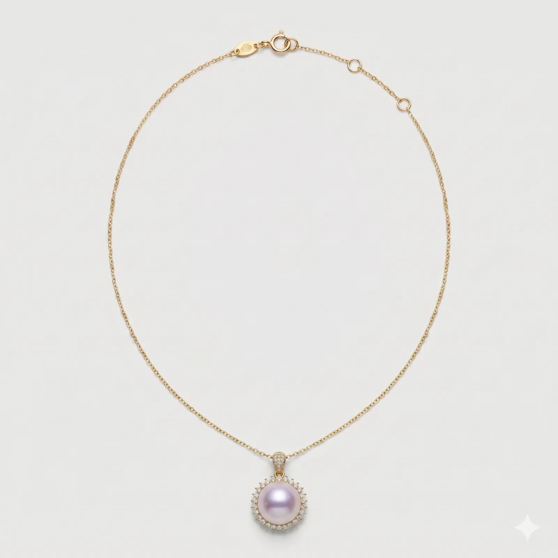 Purple Pearl Double Halo Rhinestone Pendant Necklace, 11.28mm, 19in, 14K Gold Plated - Main Image