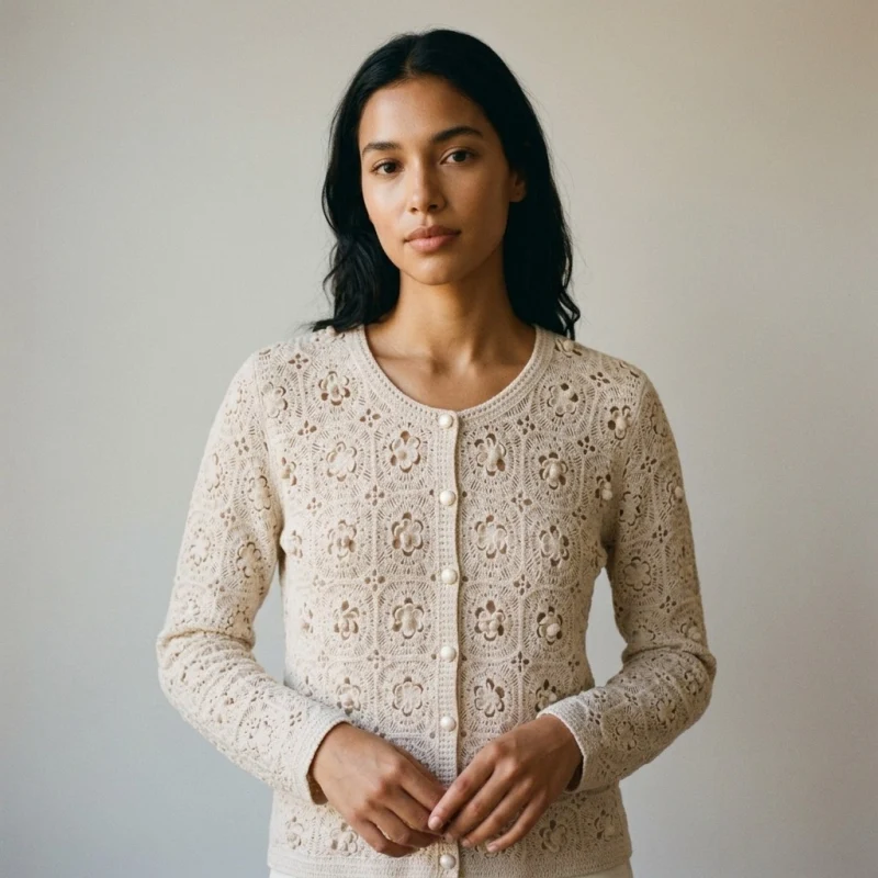 Women's 100% Pure Cashmere Floral Crochet Cardigan with Elegant U-Neck - Main Image
