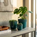 Handmade Teal Ceramic Planter Set of 3 - 15/12/9 Inch Ribbed Glazed Pots 2